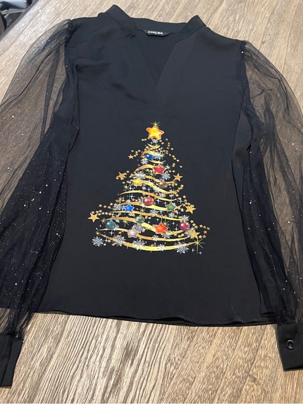 chic Black Sheer-Sleeve Top with Holiday Tree Graphic, Size Small - Picture 11 of 12